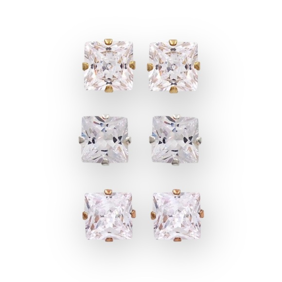 SOTM Jewelry - new ✦ White Sapphire Princess Cut Set of 3 Earrings ✦ Rose Gold 925 SS 18K GP ✦